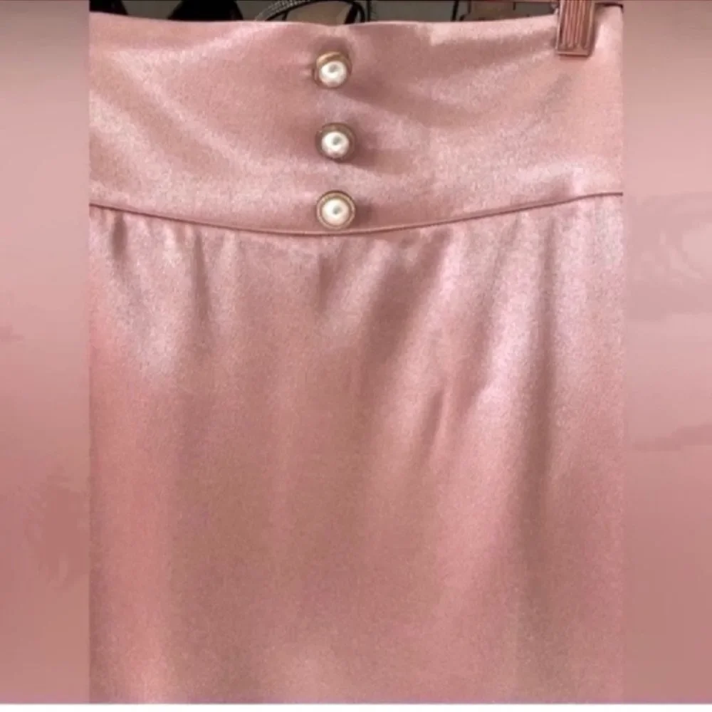 Zipper Back Button Detail Wide Waistband Split Hem Satin Skirt Size XS
